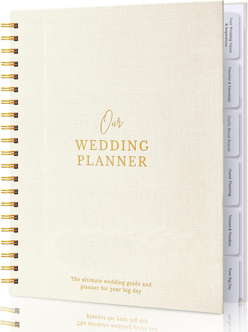 Nook Theory كتاب ومنظم حفلات الزفاف الفاخر من الكتان الخالد – كتاب تخطيط الزفاف، تذكار شامل ومجلد العد التنازلي، هدية مثالية للخطوبة للنساء، 11" × 9" (كريم) - Image 1